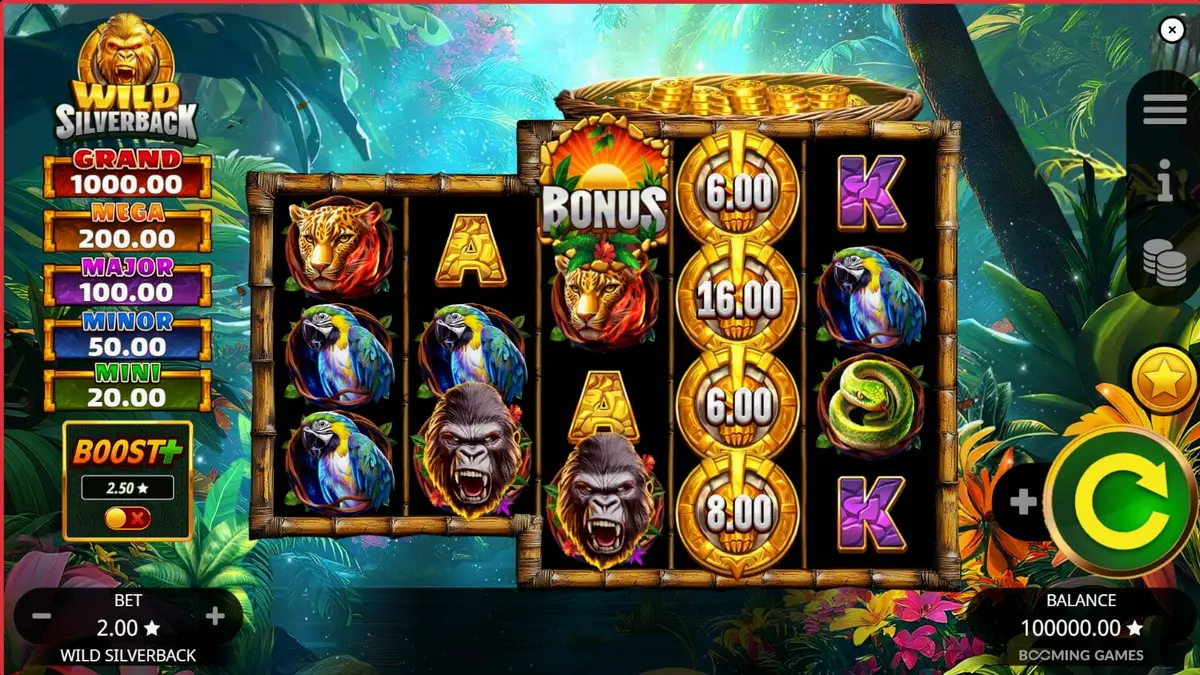 Pemandangan hutan lebat dengan simbol gorila pada gulungan slot Wild Silverback
